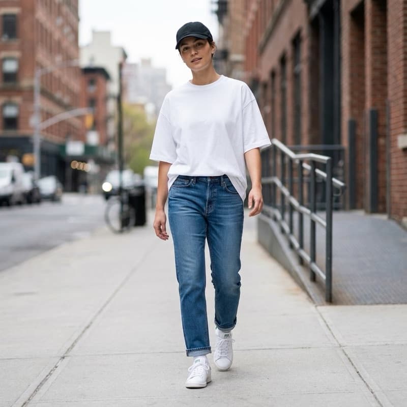 Clean kombiniert: weißer Sneaker zu gerader Denim und Oversized-Shirt.